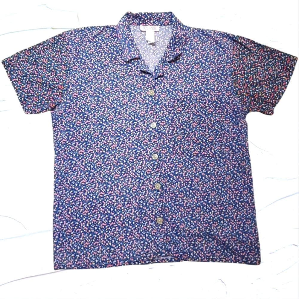 Short Sleeve Top Button Down Collared Women's Vintage Shirt Sz S Navy Floral